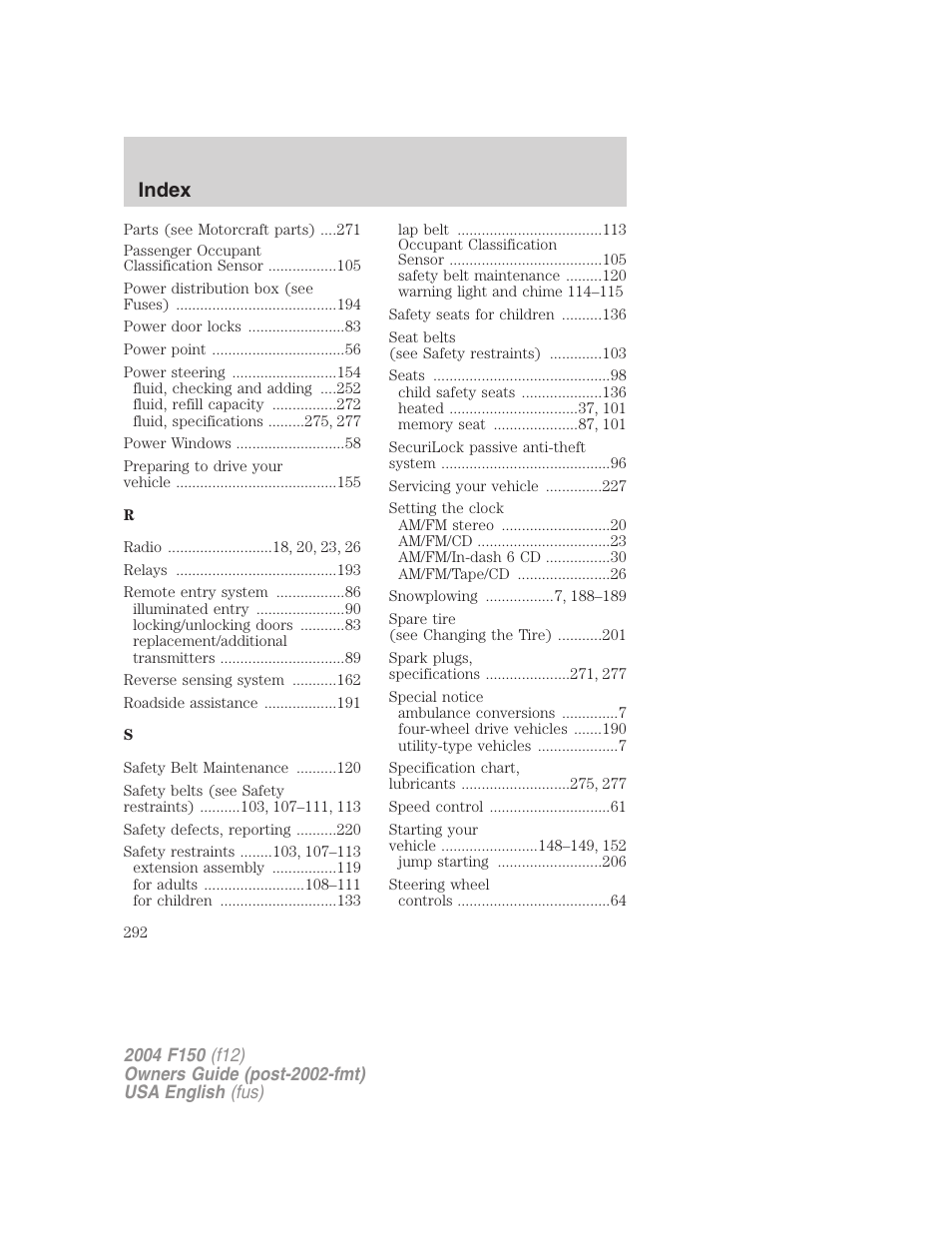 Index | FORD 2004 F-150 v.2 User Manual | Page 292 / 296