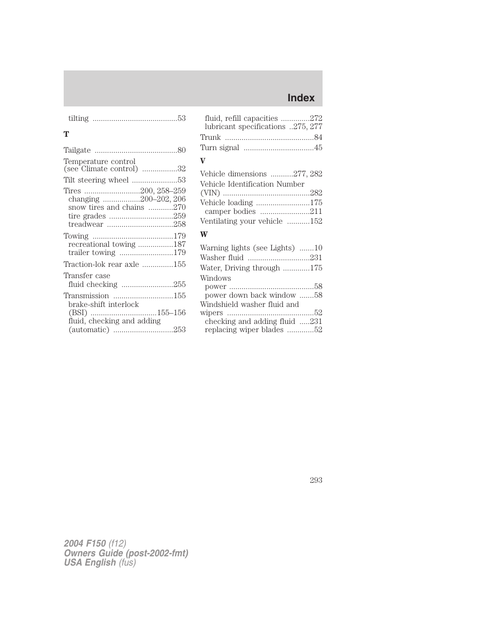 Index | FORD 2004 F-150 v.2 User Manual | Page 293 / 296