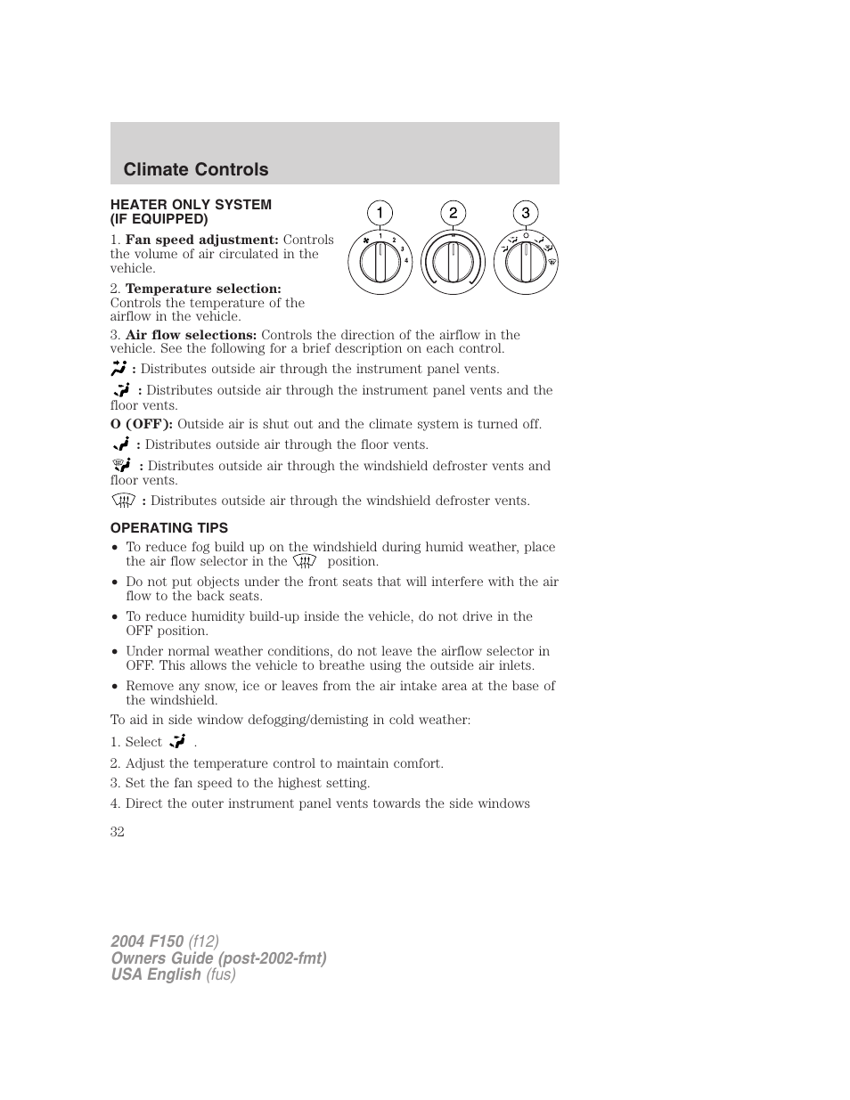 Climate controls | FORD 2004 F-150 v.2 User Manual | Page 32 / 296