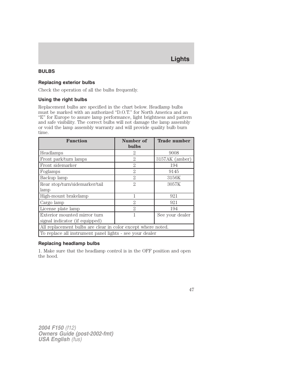 Lights | FORD 2004 F-150 v.2 User Manual | Page 47 / 296