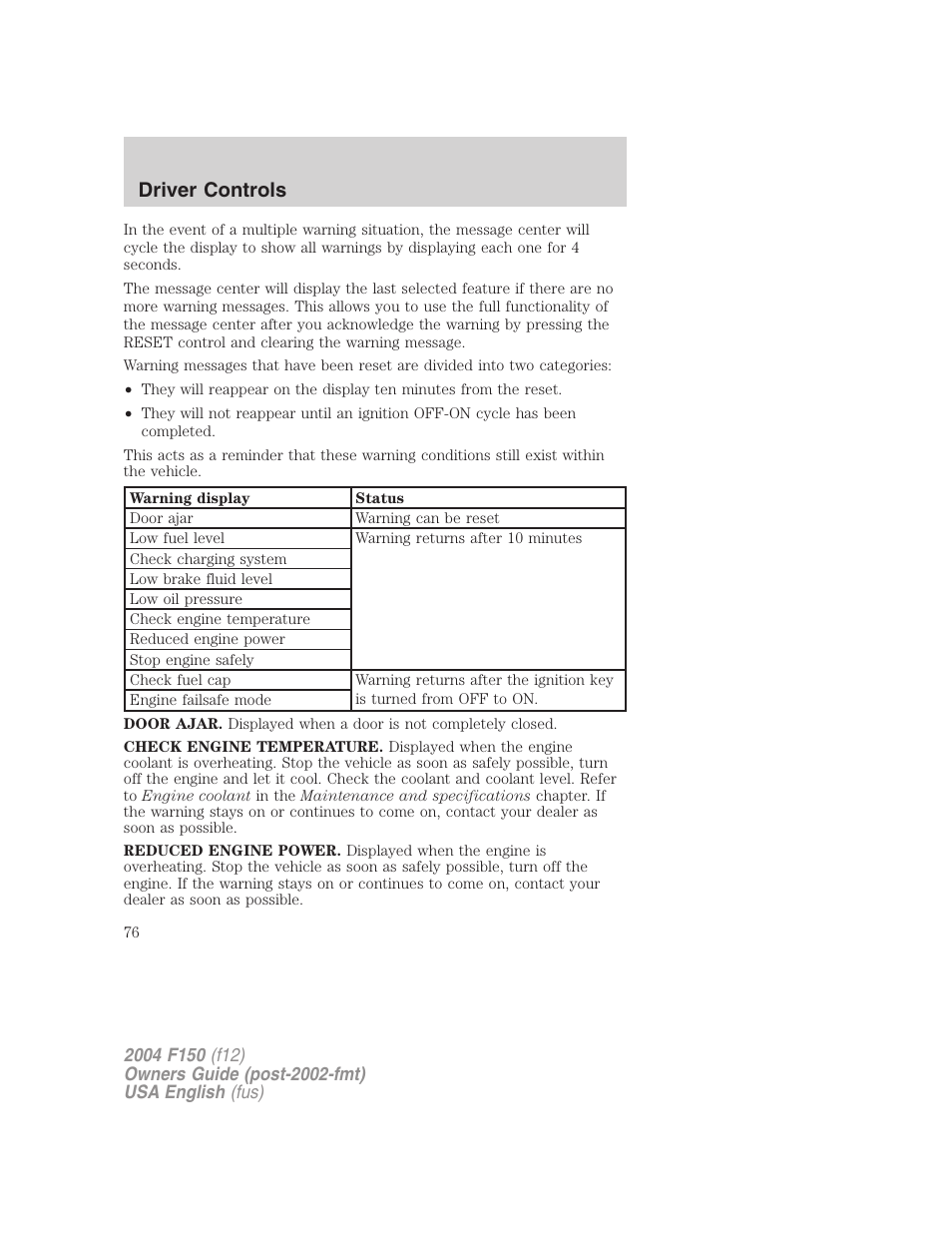 Driver controls | FORD 2004 F-150 v.2 User Manual | Page 76 / 296