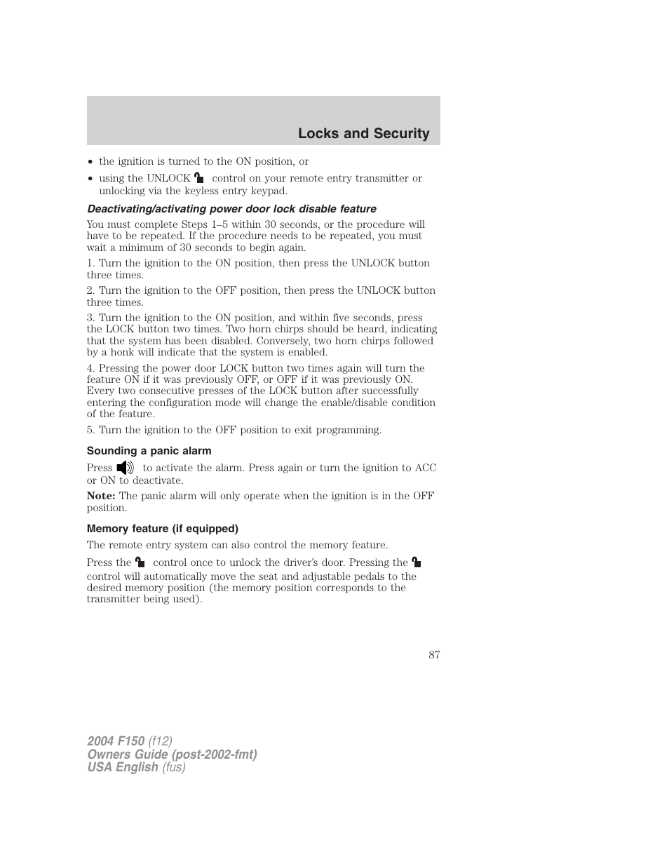 Locks and security | FORD 2004 F-150 v.2 User Manual | Page 87 / 296