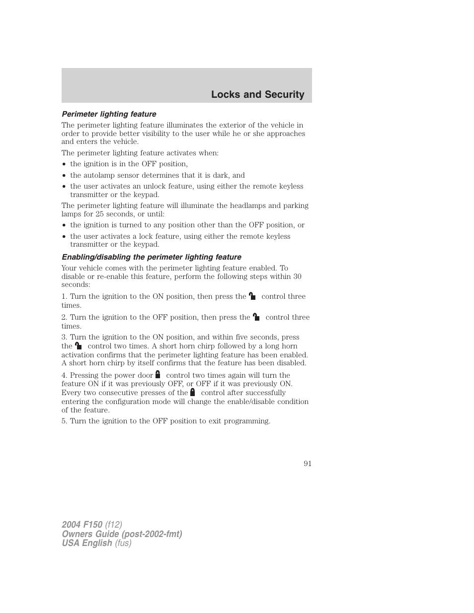 Locks and security | FORD 2004 F-150 v.2 User Manual | Page 91 / 296