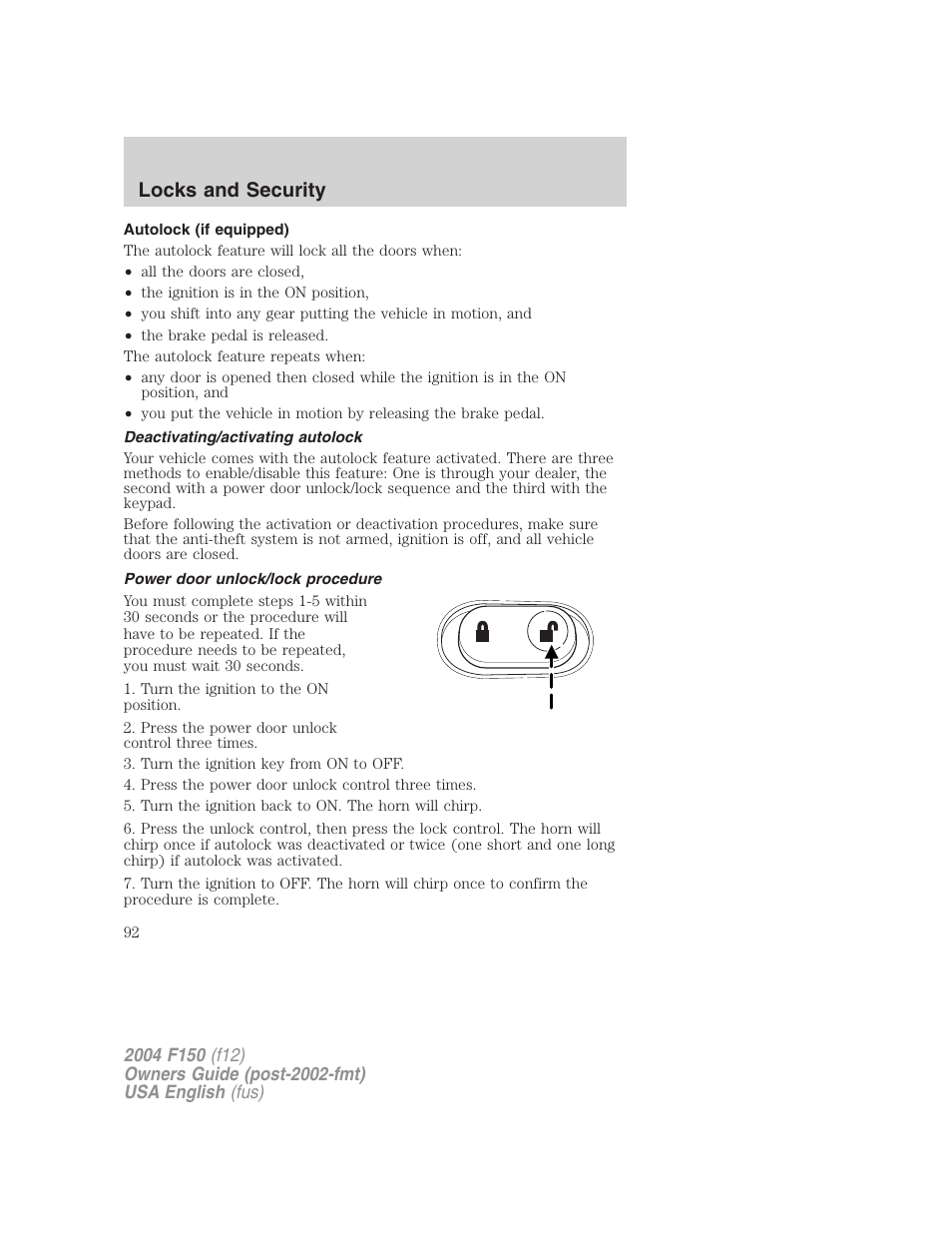 Locks and security | FORD 2004 F-150 v.2 User Manual | Page 92 / 296
