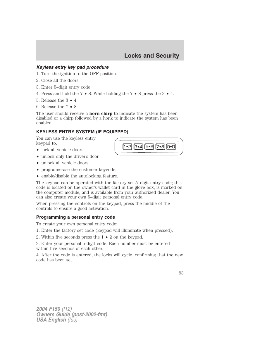 Locks and security | FORD 2004 F-150 v.2 User Manual | Page 93 / 296