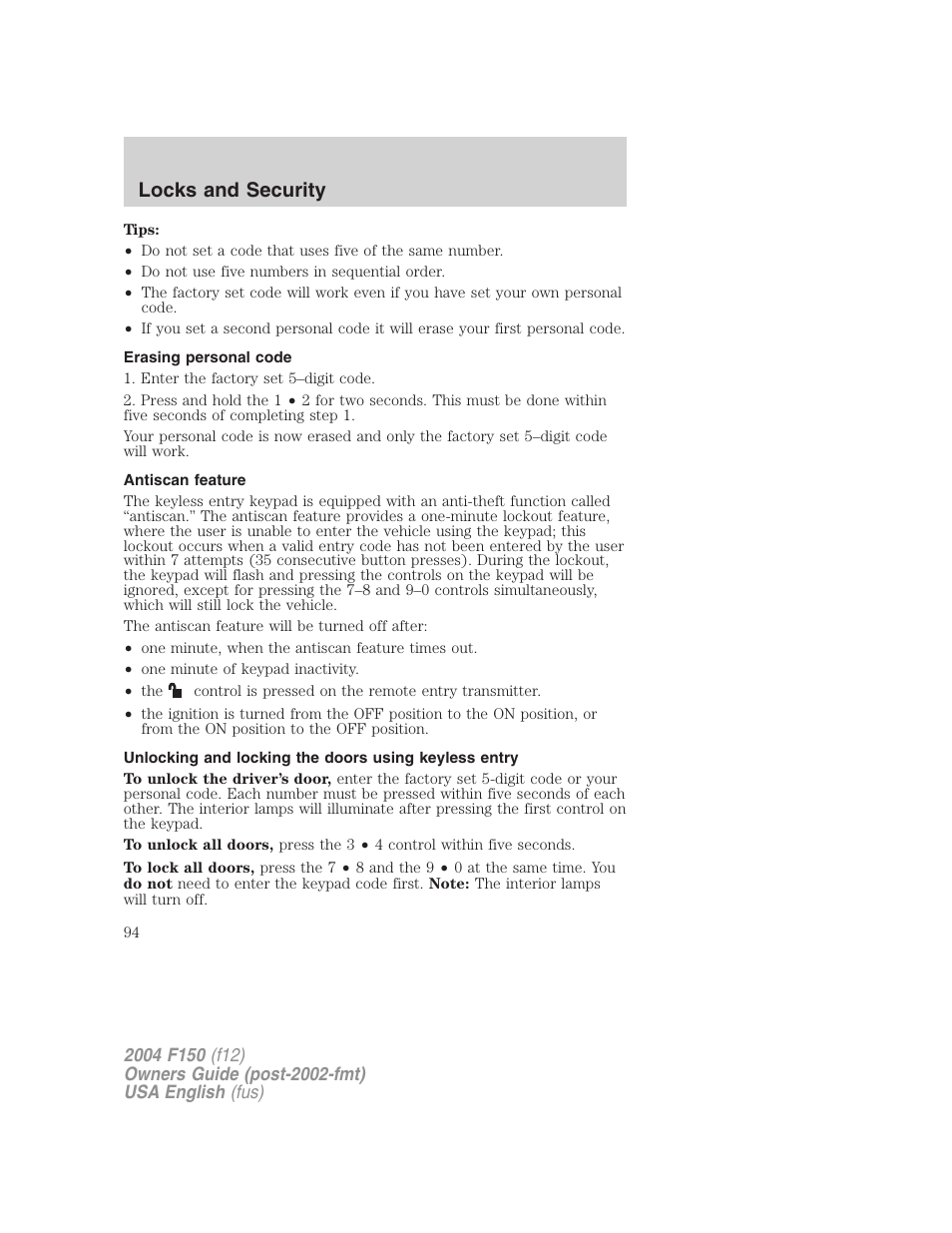 Locks and security | FORD 2004 F-150 v.2 User Manual | Page 94 / 296