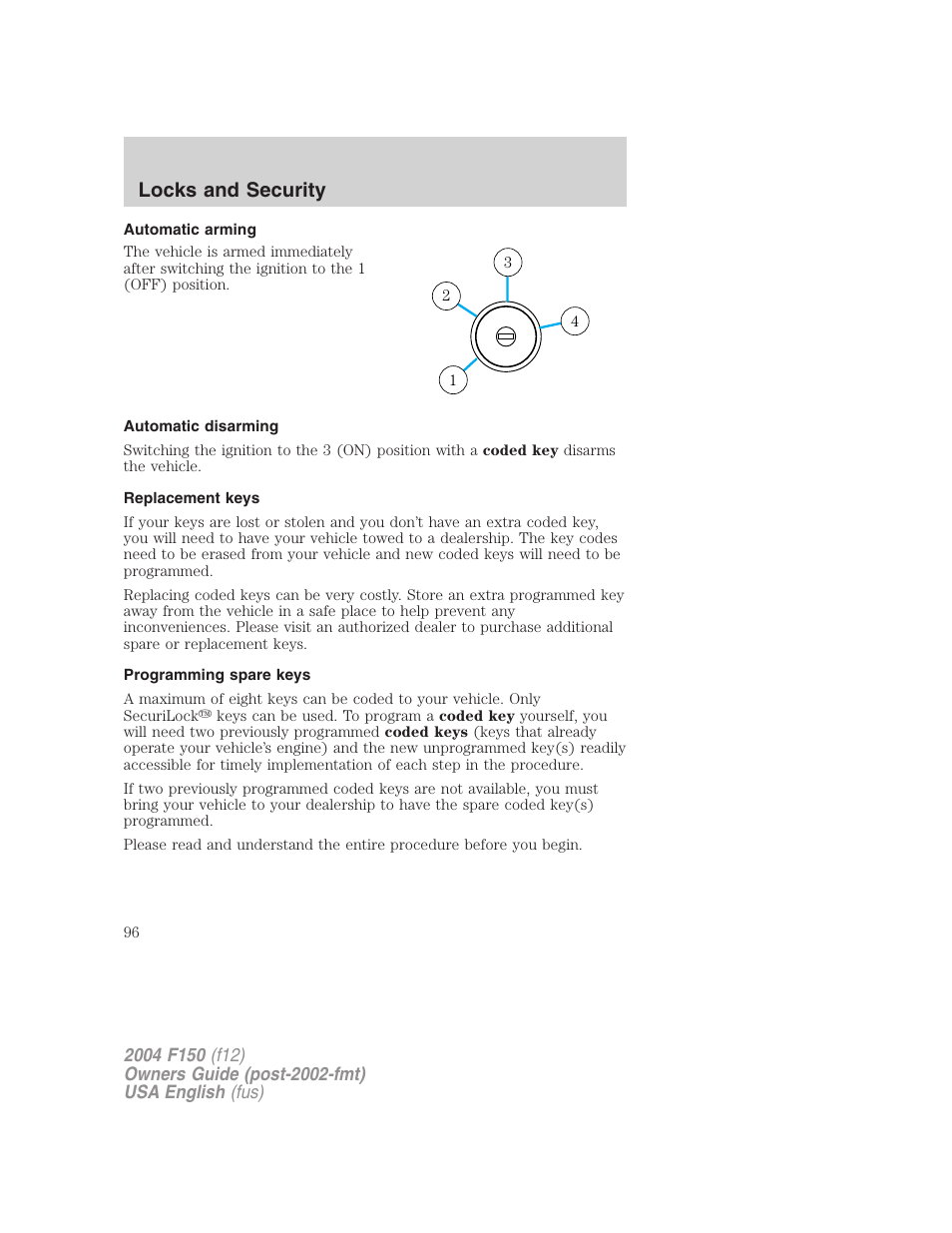 Locks and security | FORD 2004 F-150 v.2 User Manual | Page 96 / 296