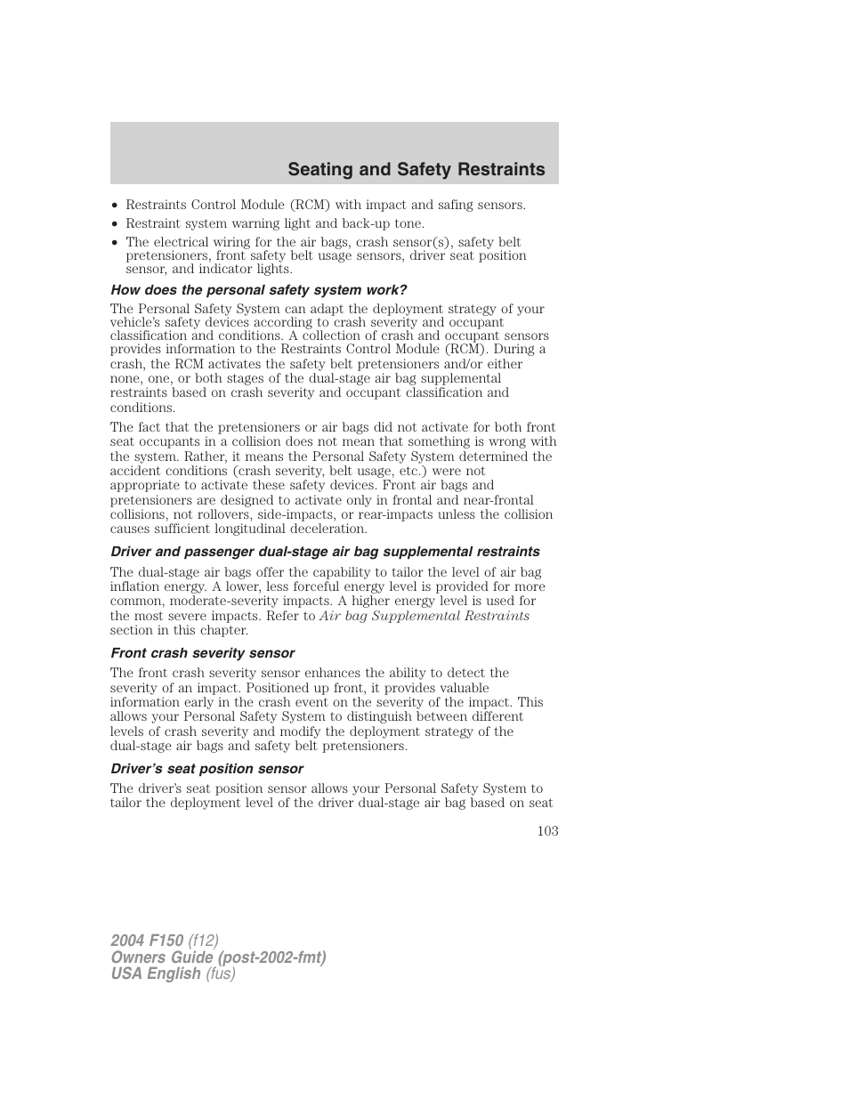Seating and safety restraints | FORD 2004 F-150 v.3 User Manual | Page 103 / 304