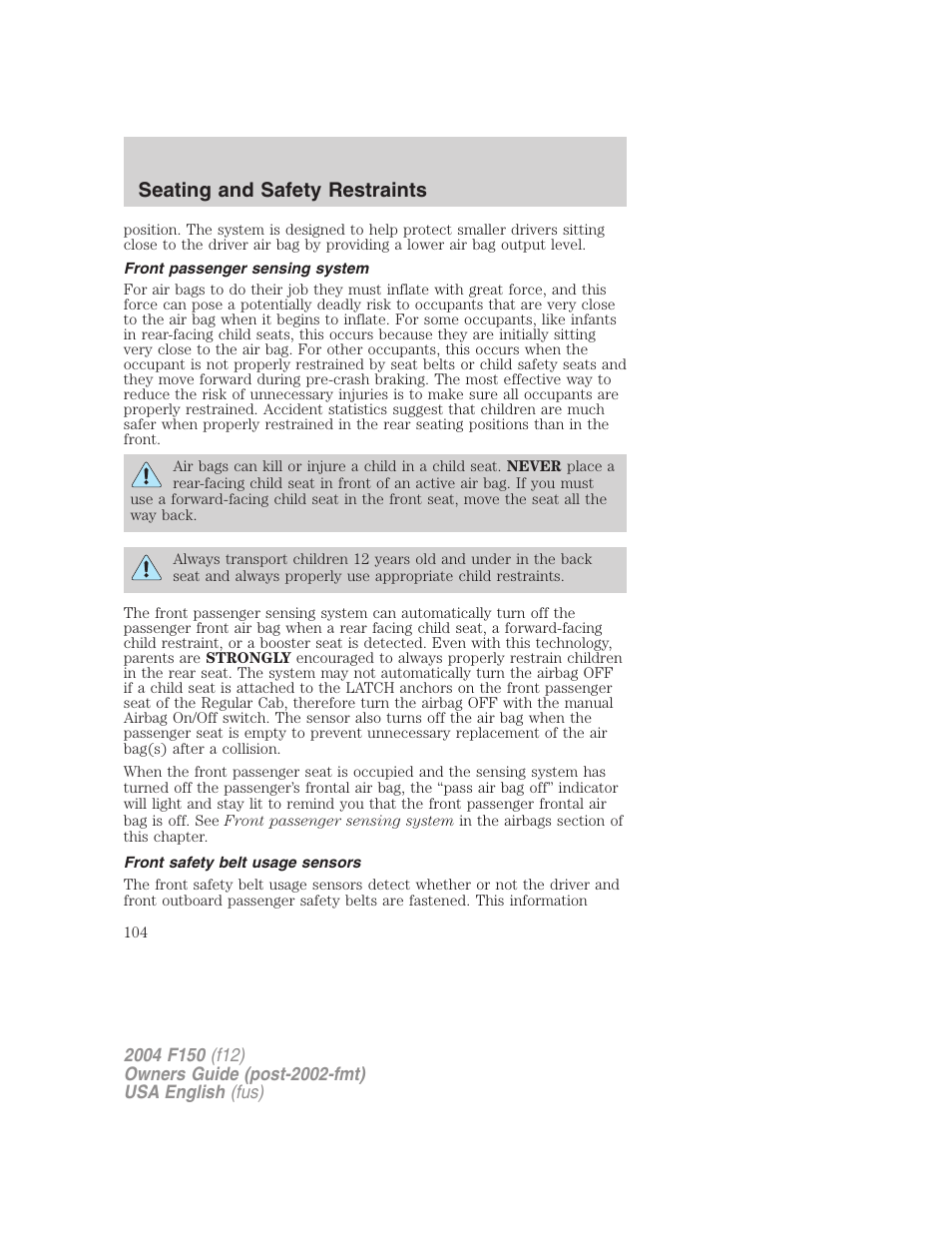 Seating and safety restraints | FORD 2004 F-150 v.3 User Manual | Page 104 / 304