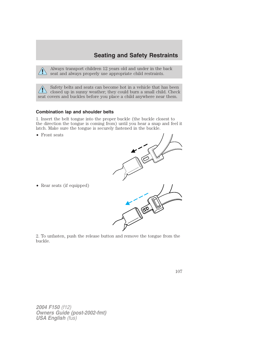 Seating and safety restraints | FORD 2004 F-150 v.3 User Manual | Page 107 / 304