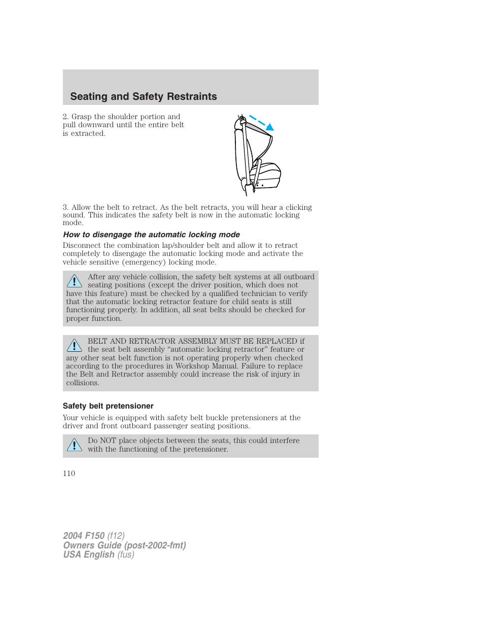 Seating and safety restraints | FORD 2004 F-150 v.3 User Manual | Page 110 / 304