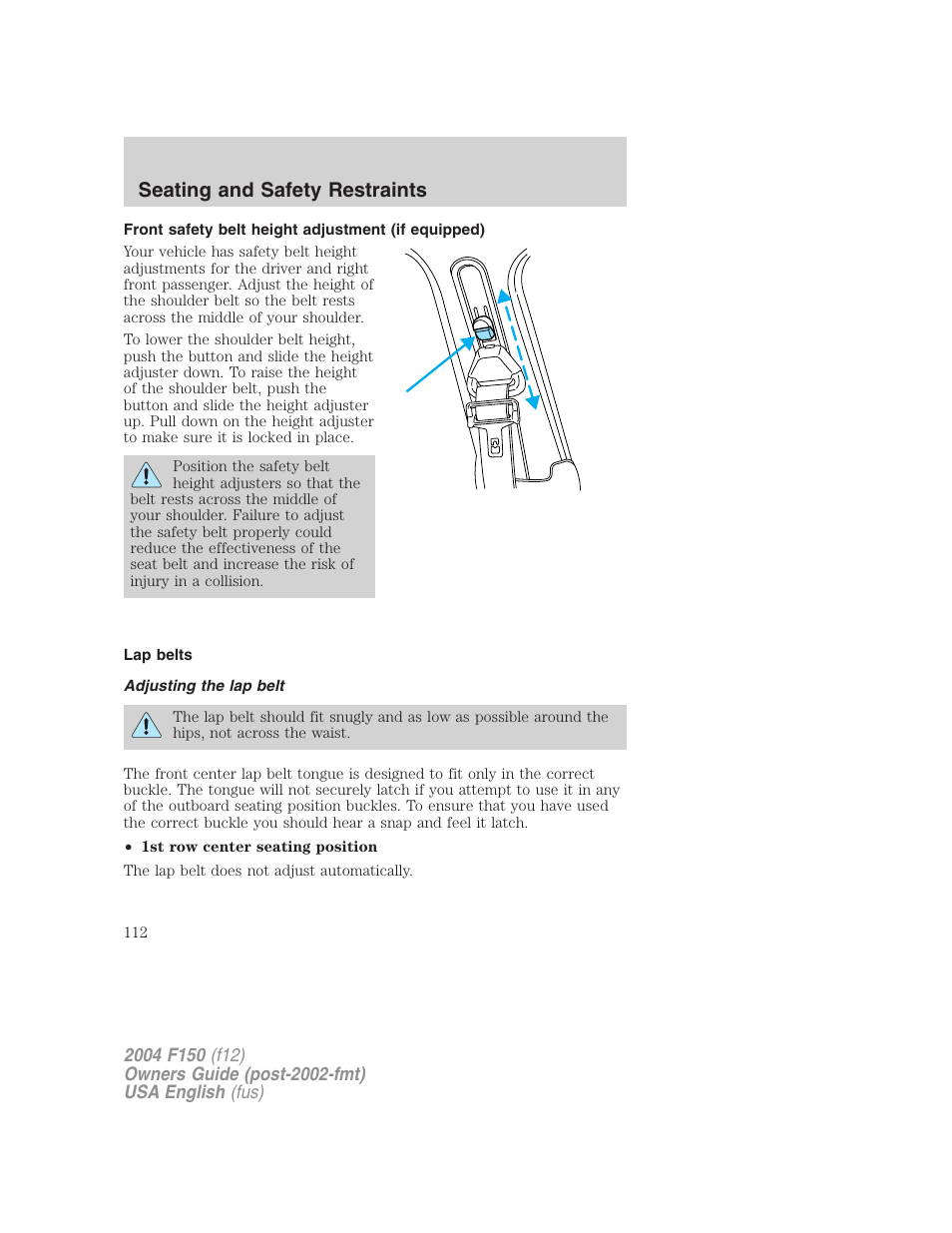 Seating and safety restraints | FORD 2004 F-150 v.3 User Manual | Page 112 / 304