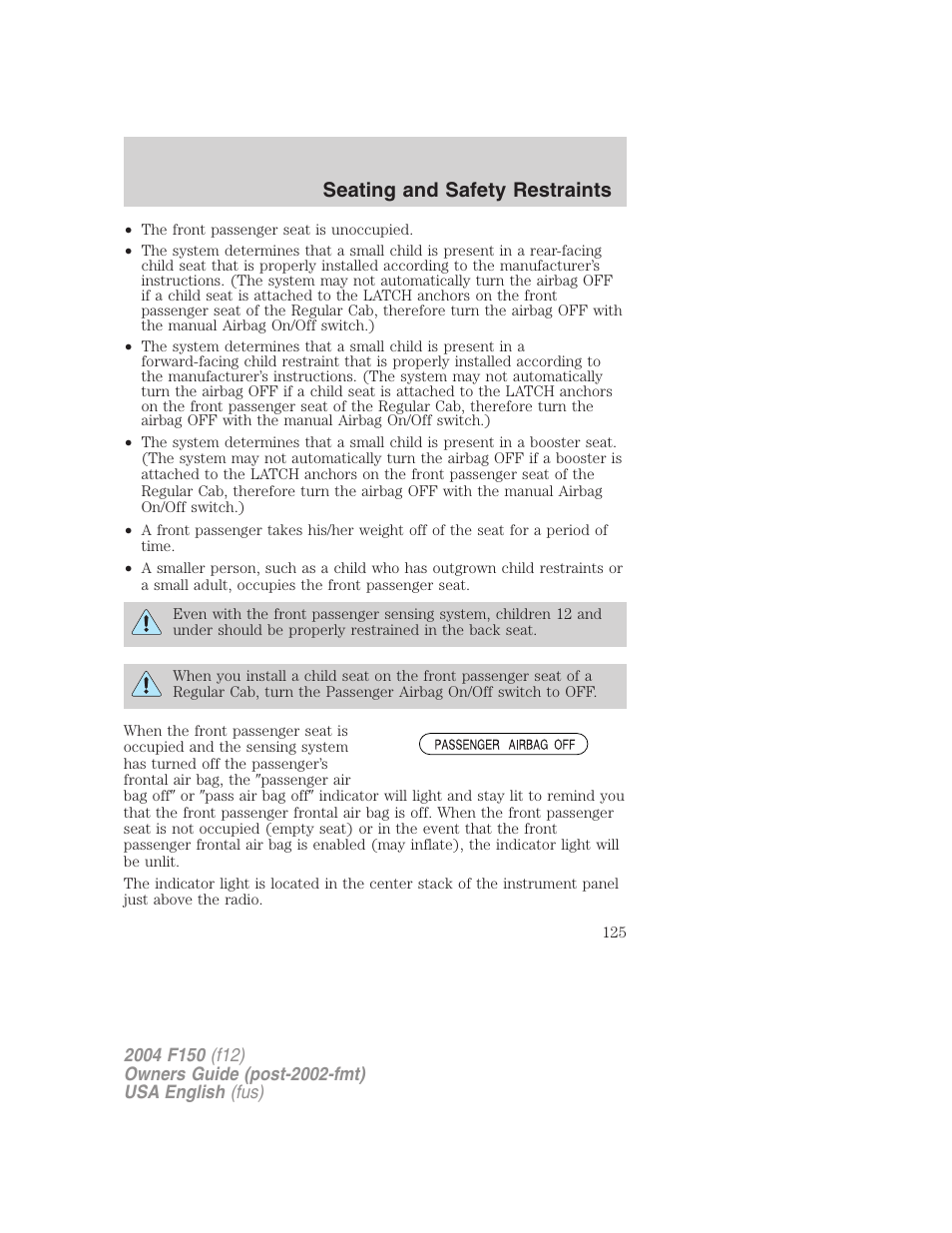 Seating and safety restraints | FORD 2004 F-150 v.3 User Manual | Page 125 / 304