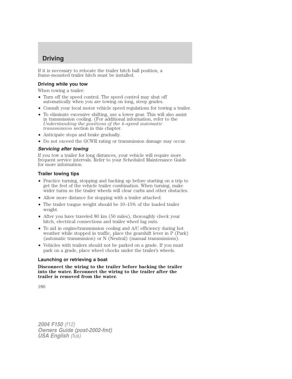 Driving | FORD 2004 F-150 v.3 User Manual | Page 186 / 304