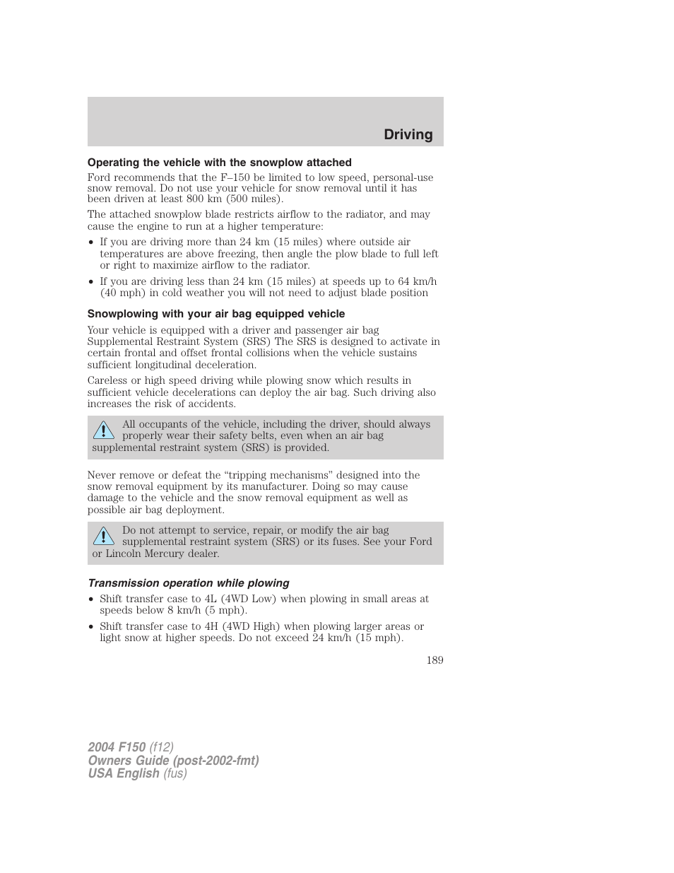 Driving | FORD 2004 F-150 v.3 User Manual | Page 189 / 304