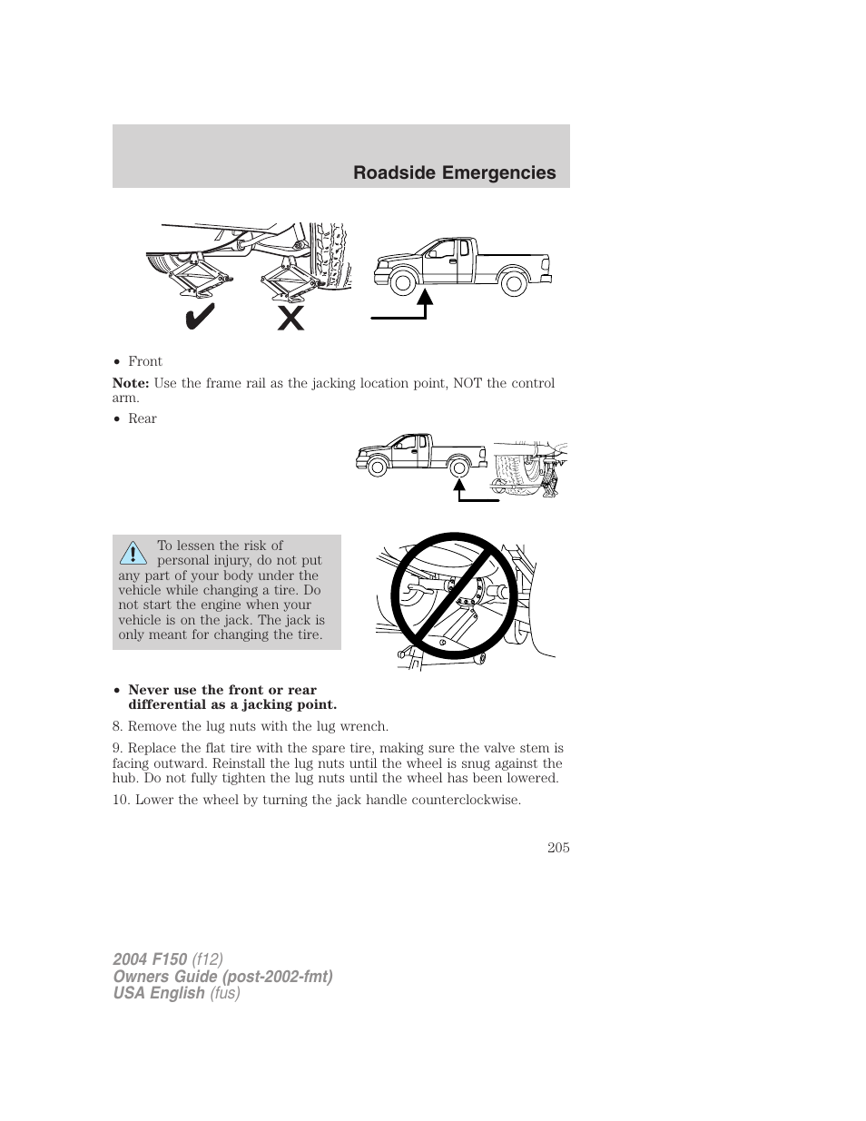 Roadside emergencies | FORD 2004 F-150 v.3 User Manual | Page 205 / 304