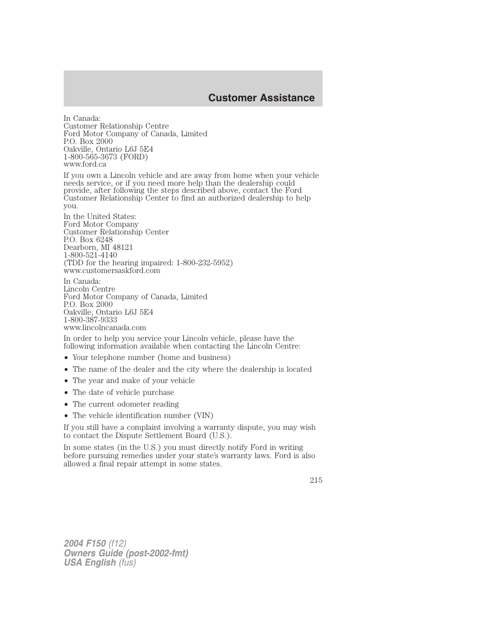 Customer assistance | FORD 2004 F-150 v.3 User Manual | Page 215 / 304