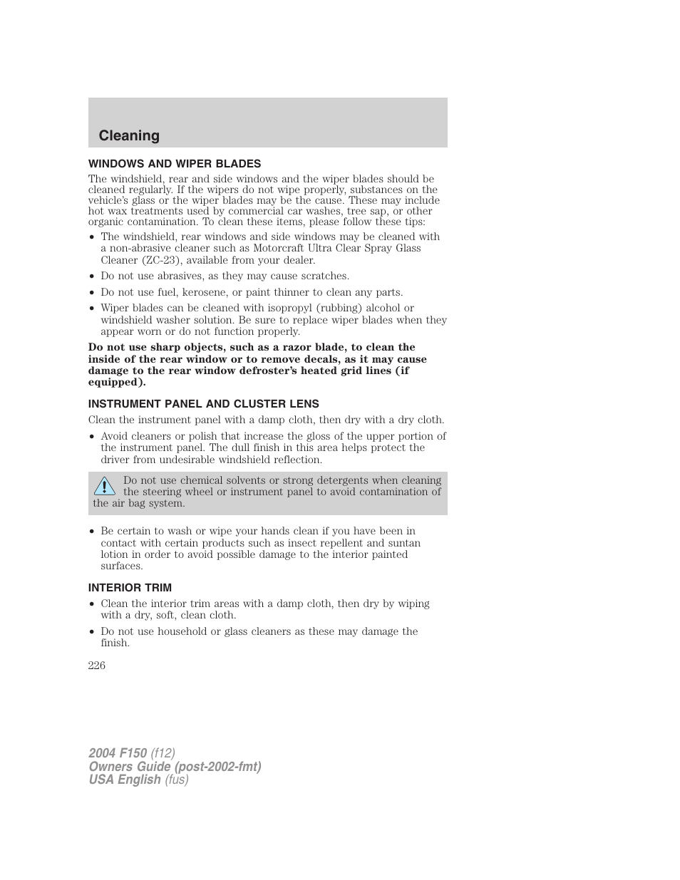 Cleaning | FORD 2004 F-150 v.3 User Manual | Page 226 / 304
