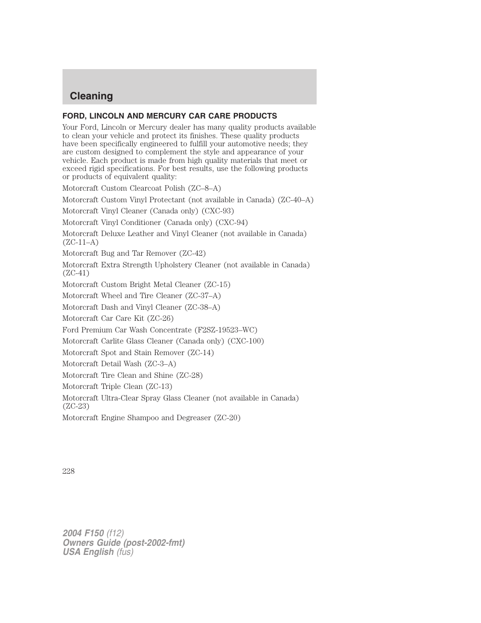 Cleaning | FORD 2004 F-150 v.3 User Manual | Page 228 / 304