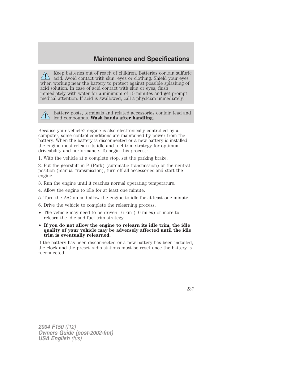 Maintenance and specifications | FORD 2004 F-150 v.3 User Manual | Page 237 / 304