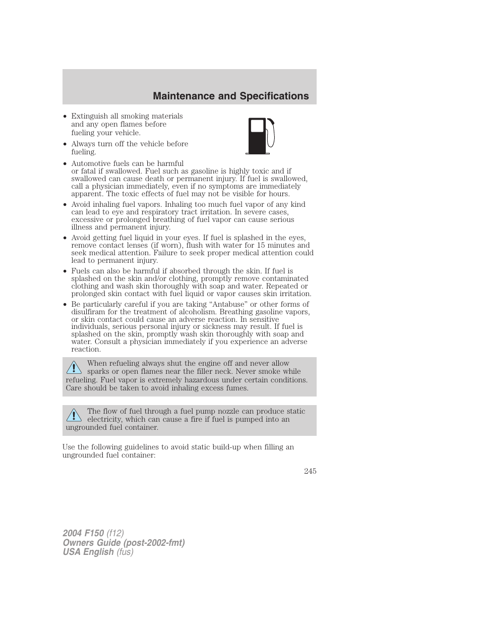 Maintenance and specifications | FORD 2004 F-150 v.3 User Manual | Page 245 / 304