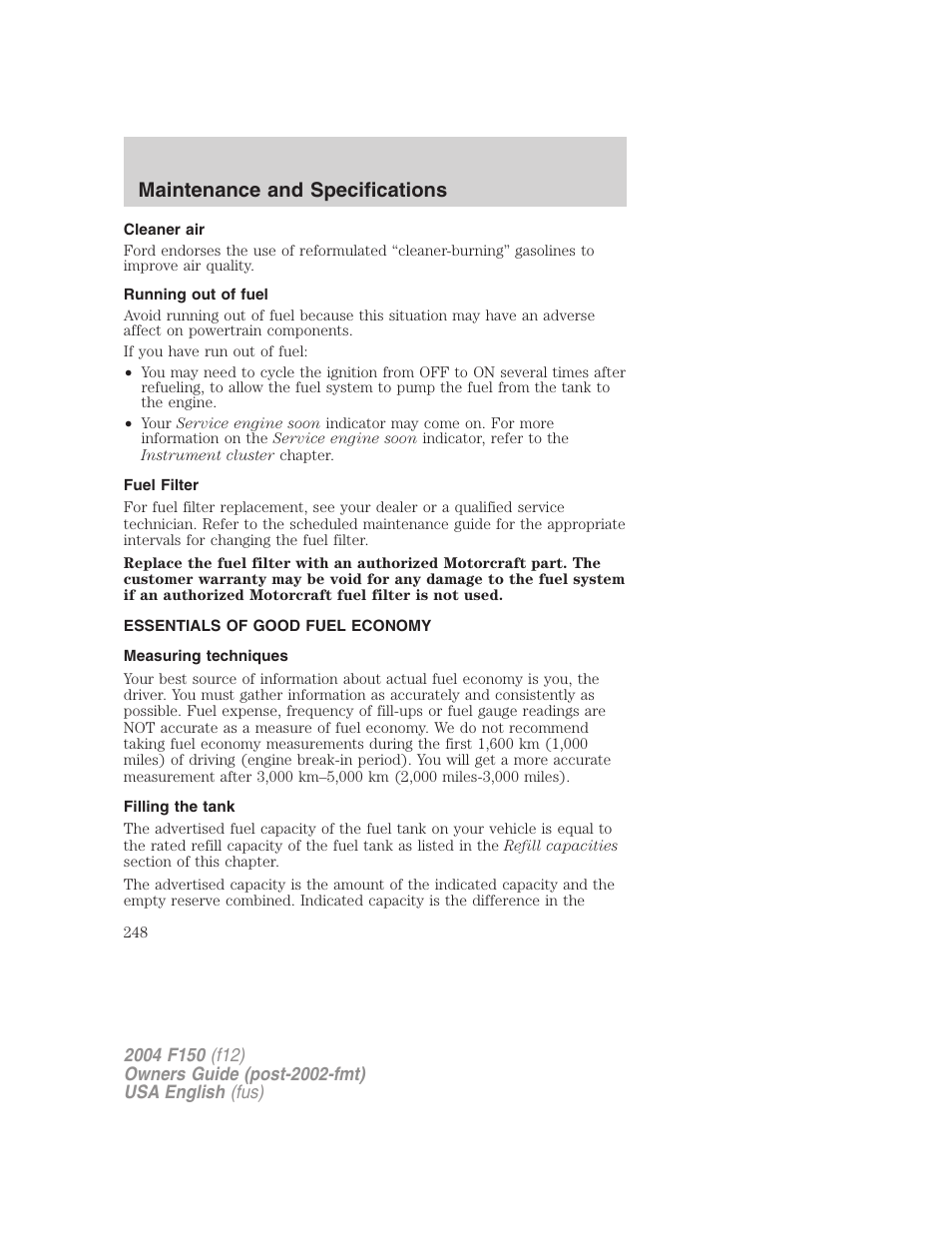 Maintenance and specifications | FORD 2004 F-150 v.3 User Manual | Page 248 / 304