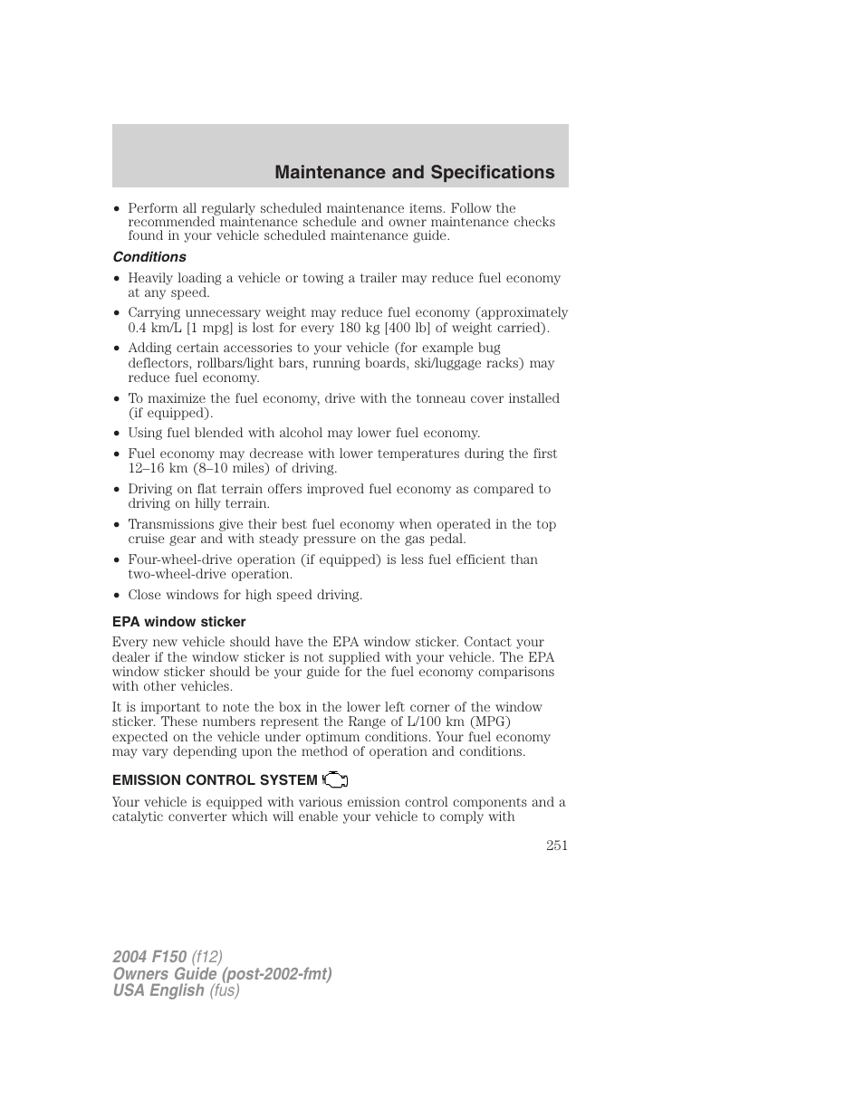 Maintenance and specifications | FORD 2004 F-150 v.3 User Manual | Page 251 / 304