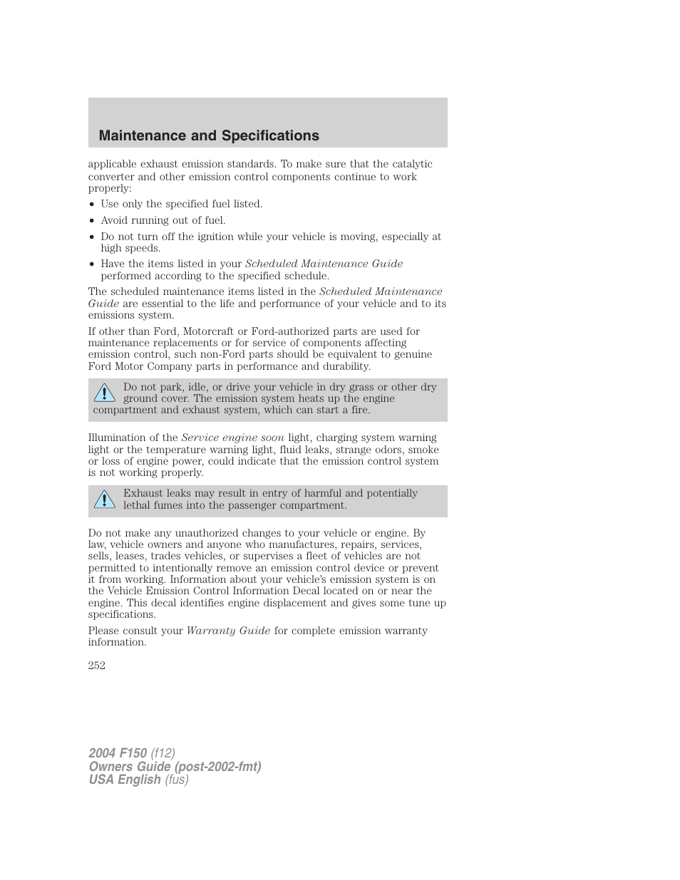 Maintenance and specifications | FORD 2004 F-150 v.3 User Manual | Page 252 / 304