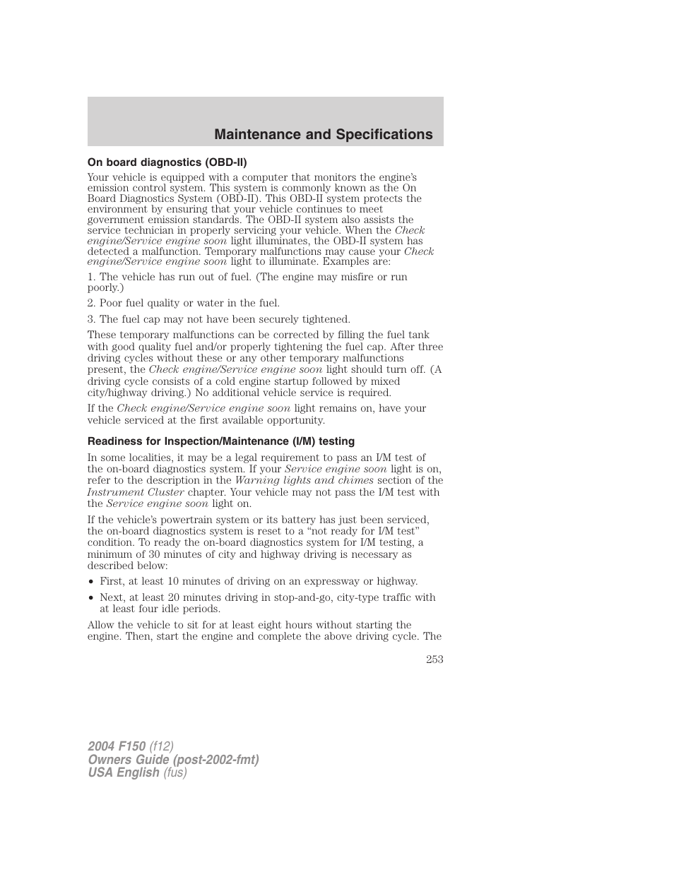 Maintenance and specifications | FORD 2004 F-150 v.3 User Manual | Page 253 / 304