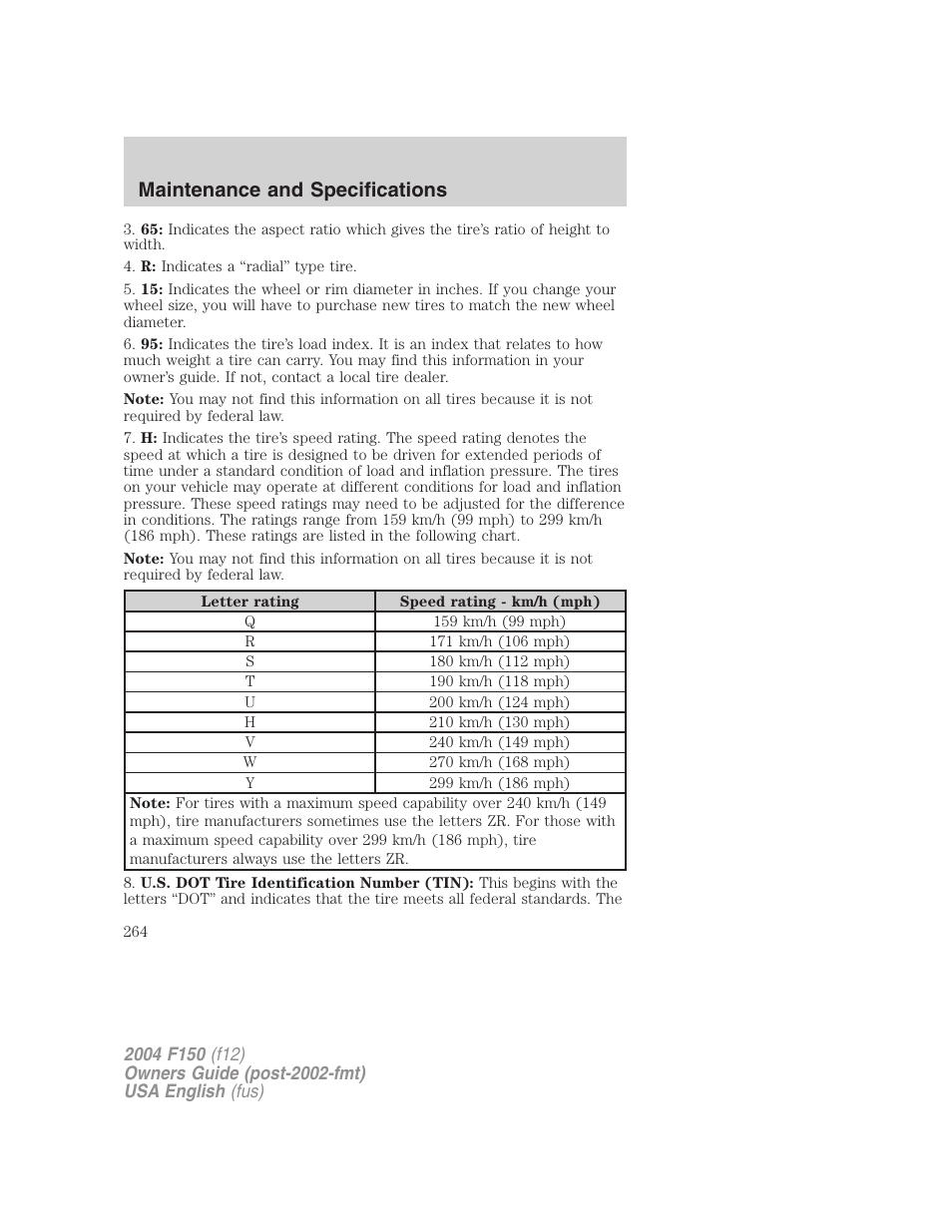 Maintenance and specifications | FORD 2004 F-150 v.3 User Manual | Page 264 / 304