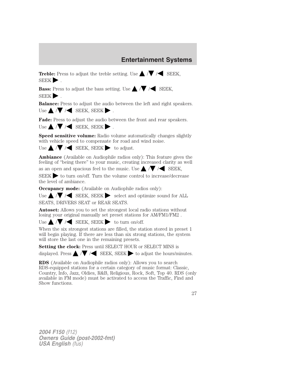 Entertainment systems | FORD 2004 F-150 v.3 User Manual | Page 27 / 304