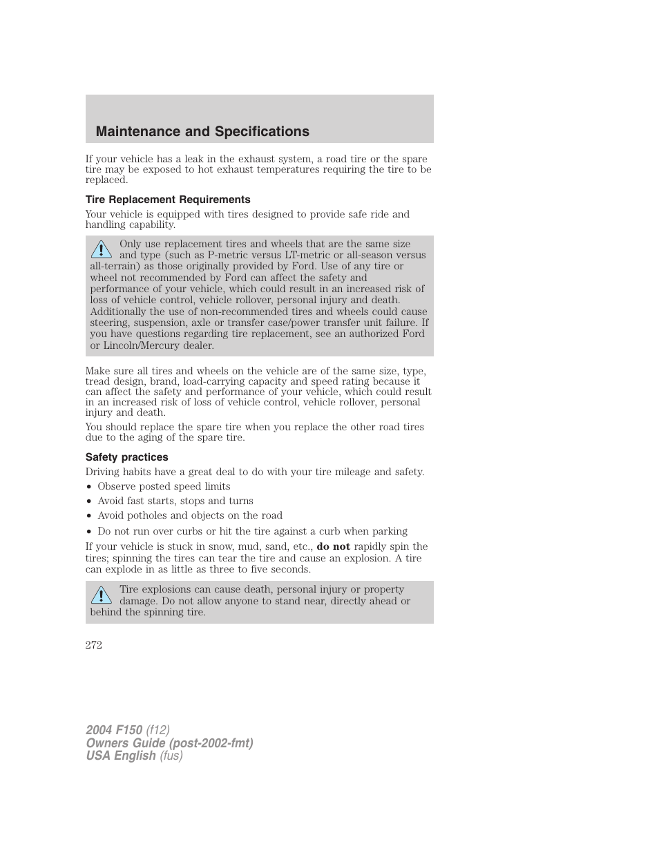 Maintenance and specifications | FORD 2004 F-150 v.3 User Manual | Page 272 / 304