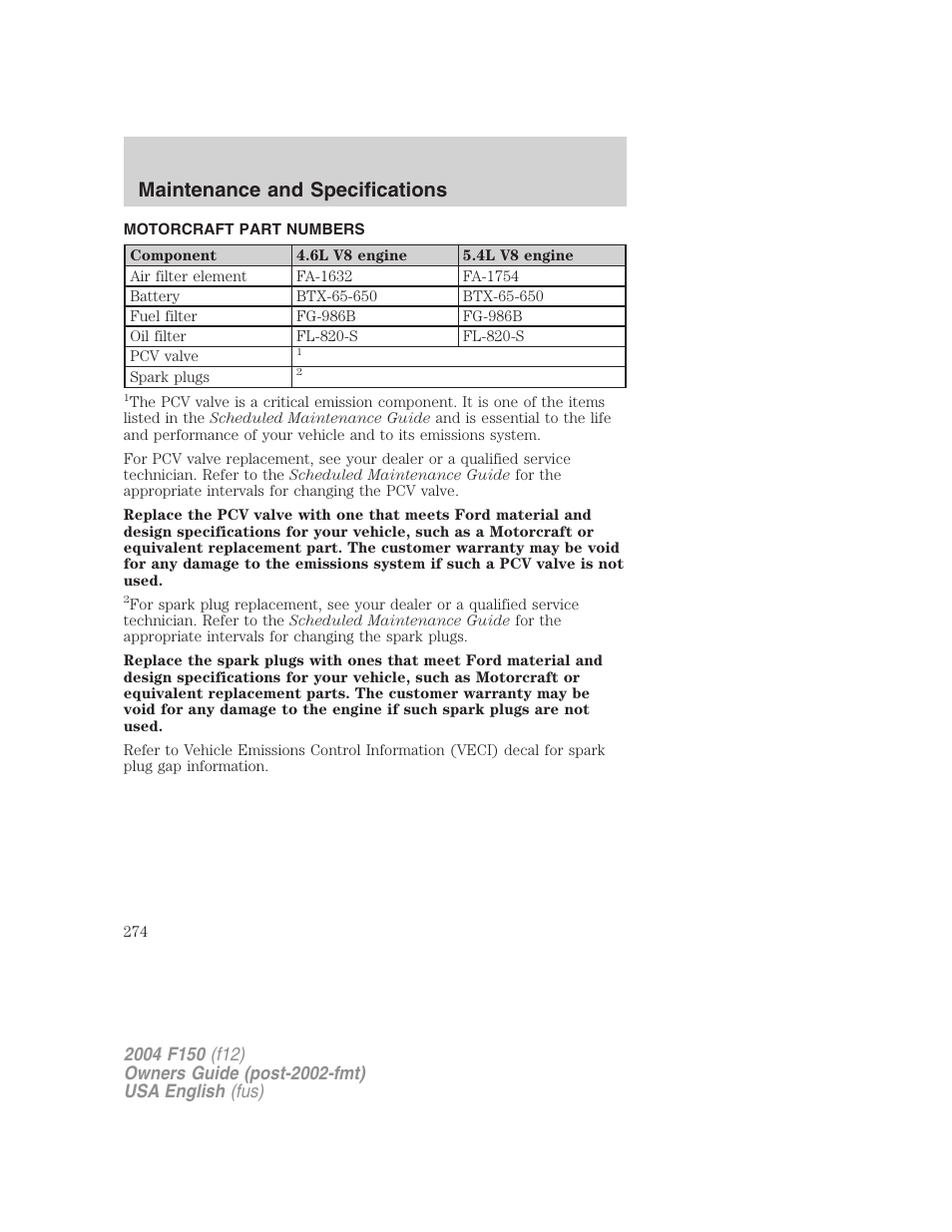 Maintenance and specifications | FORD 2004 F-150 v.3 User Manual | Page 274 / 304