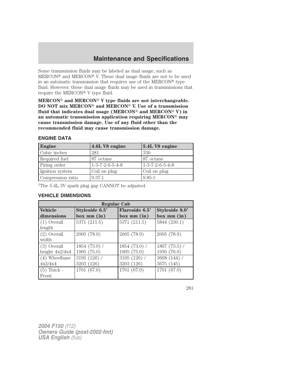 Maintenance and specifications | FORD 2004 F-150 v.3 User Manual | Page 281 / 304