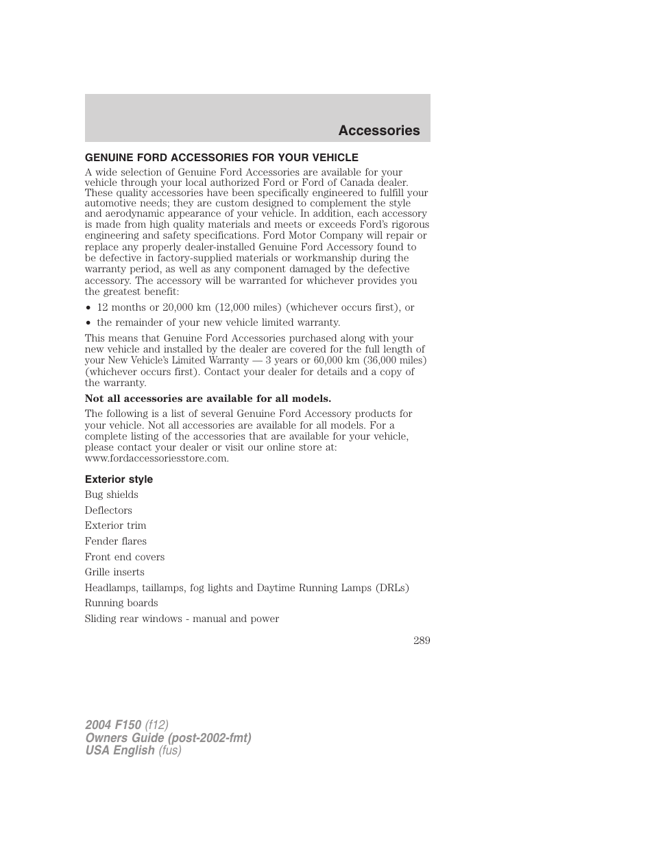 Accessories | FORD 2004 F-150 v.3 User Manual | Page 289 / 304