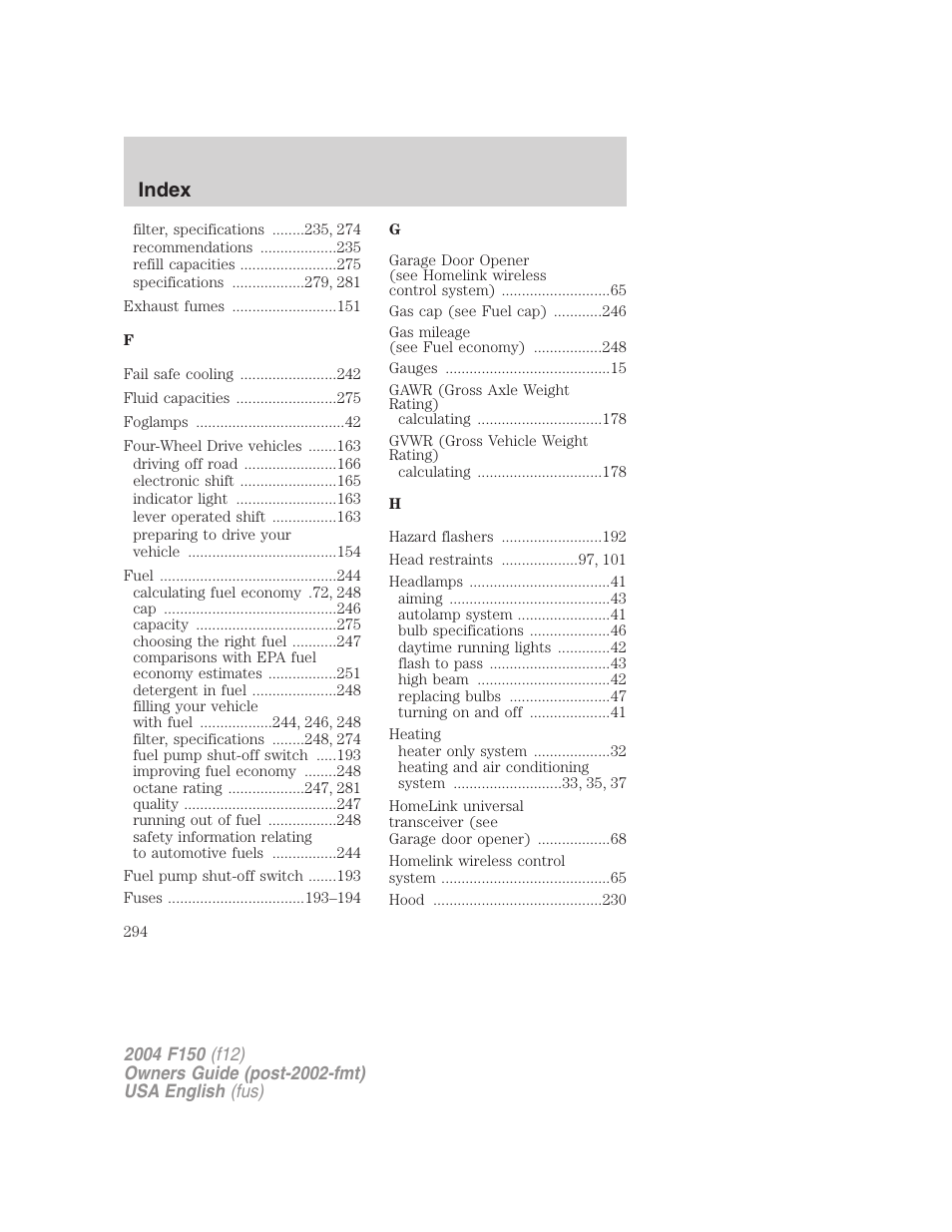 Index | FORD 2004 F-150 v.3 User Manual | Page 294 / 304