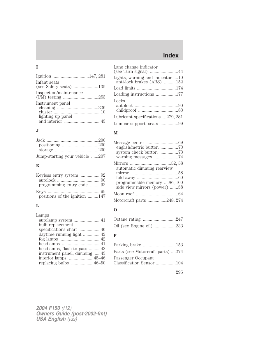 Index | FORD 2004 F-150 v.3 User Manual | Page 295 / 304