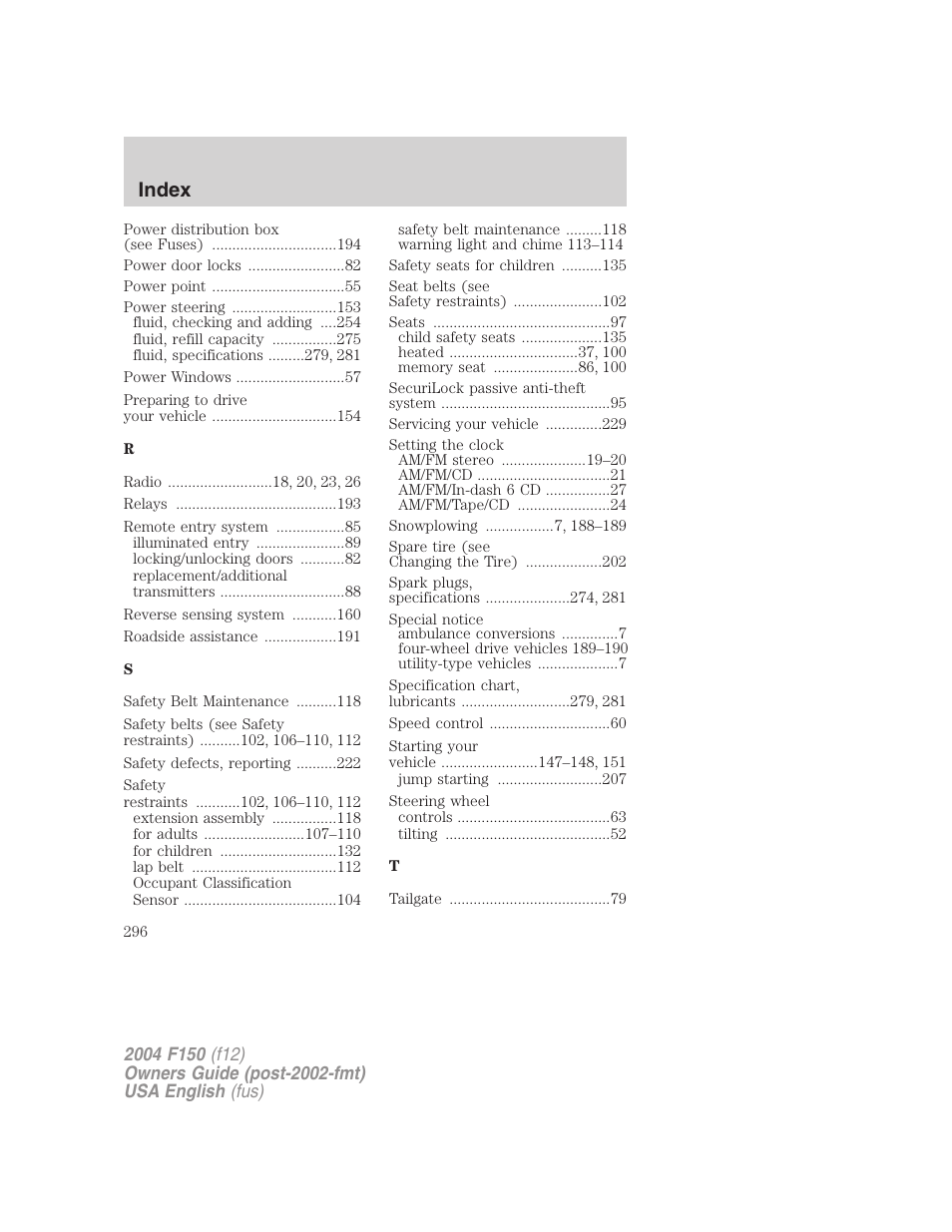 Index | FORD 2004 F-150 v.3 User Manual | Page 296 / 304