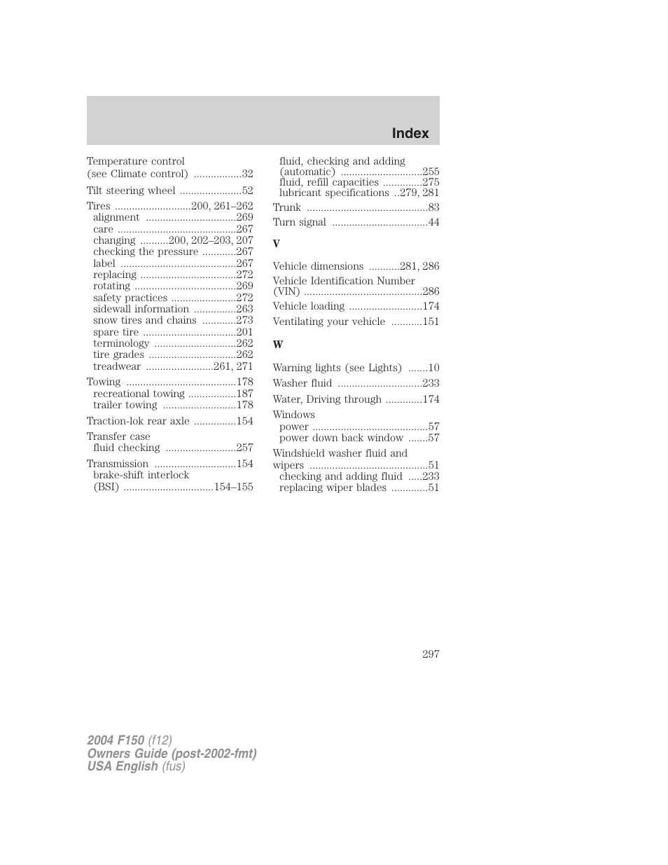 Index | FORD 2004 F-150 v.3 User Manual | Page 297 / 304