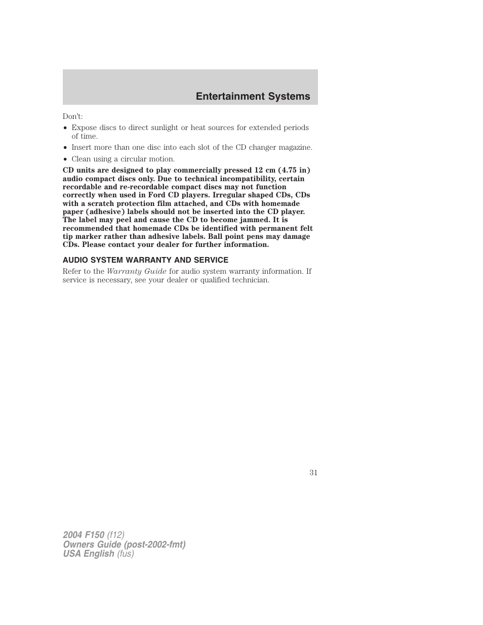 Entertainment systems | FORD 2004 F-150 v.3 User Manual | Page 31 / 304