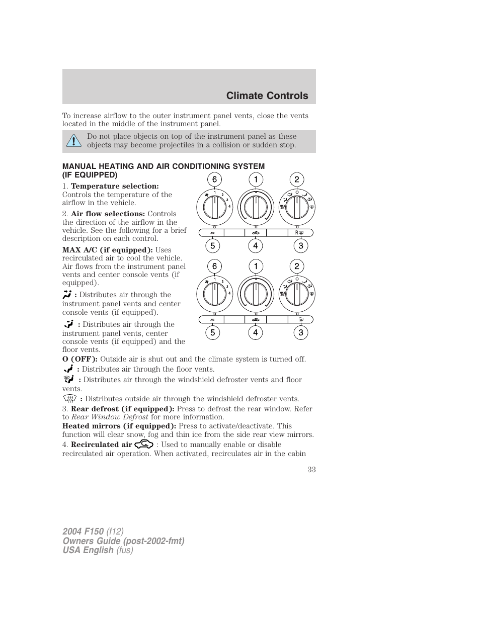Climate controls | FORD 2004 F-150 v.3 User Manual | Page 33 / 304