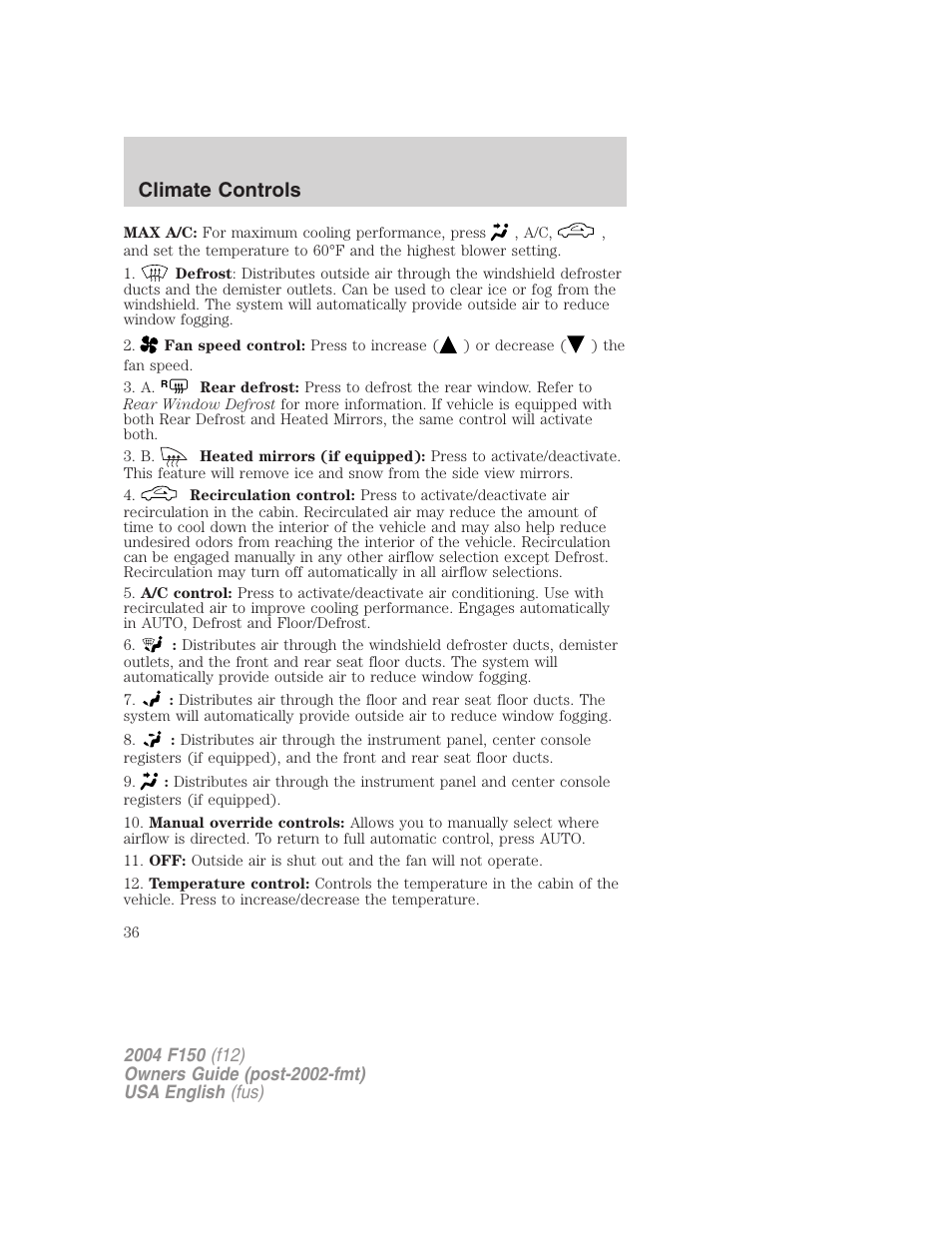 Climate controls | FORD 2004 F-150 v.3 User Manual | Page 36 / 304