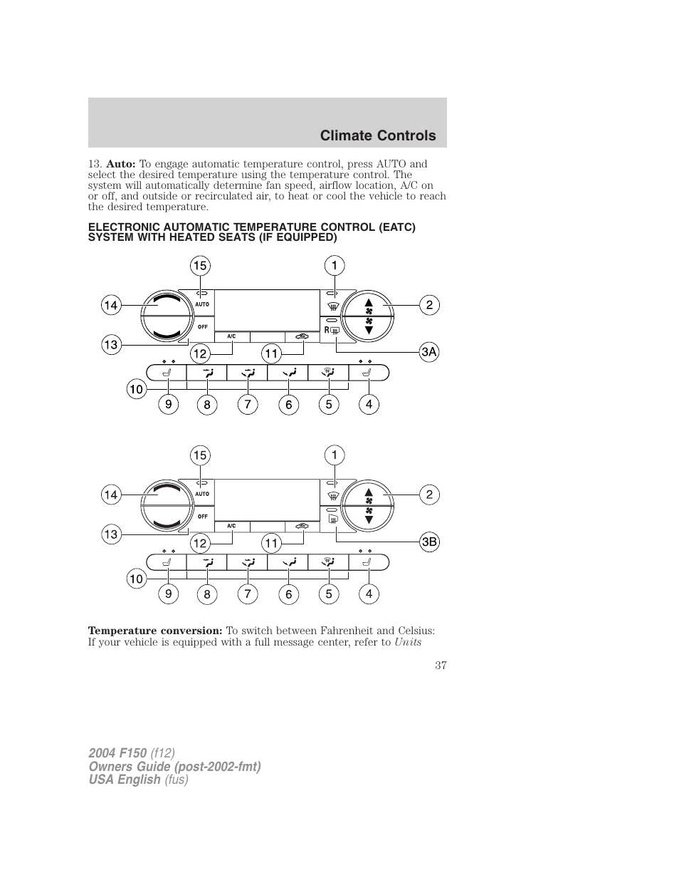 Climate controls | FORD 2004 F-150 v.3 User Manual | Page 37 / 304