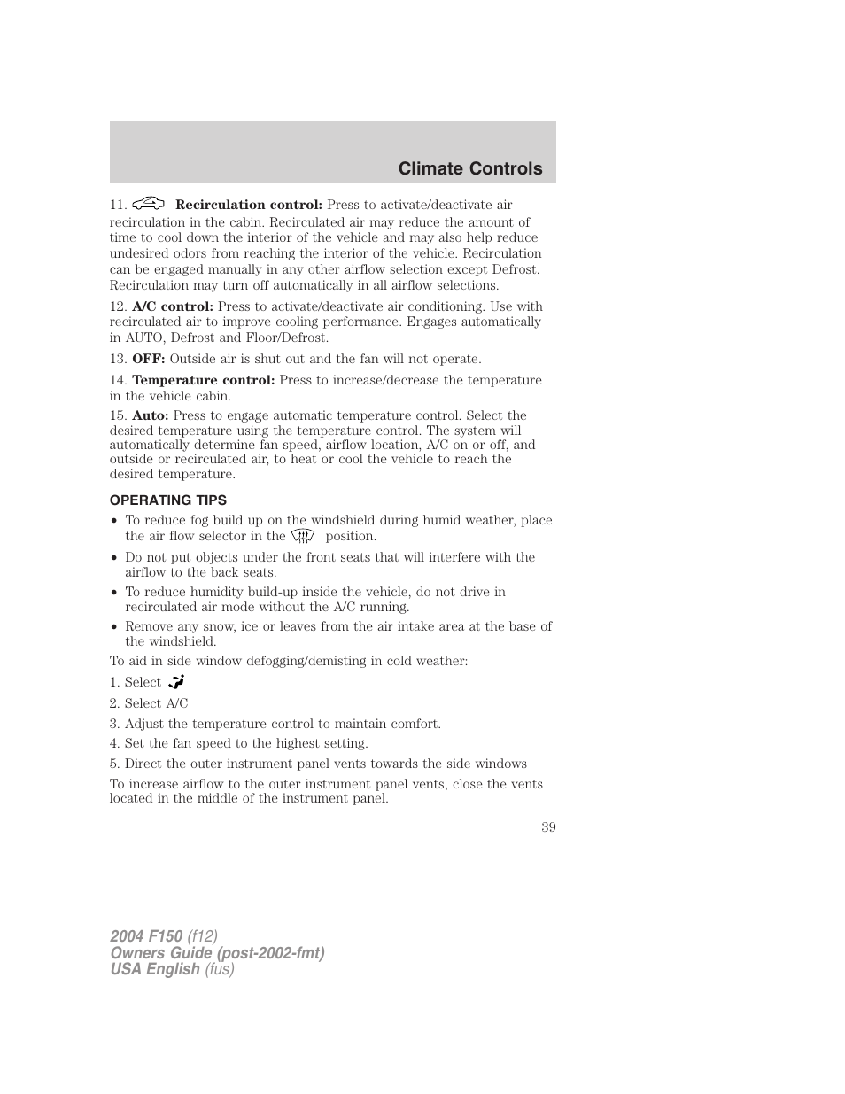 Climate controls | FORD 2004 F-150 v.3 User Manual | Page 39 / 304