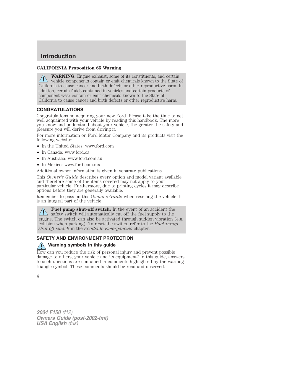 Introduction | FORD 2004 F-150 v.3 User Manual | Page 4 / 304
