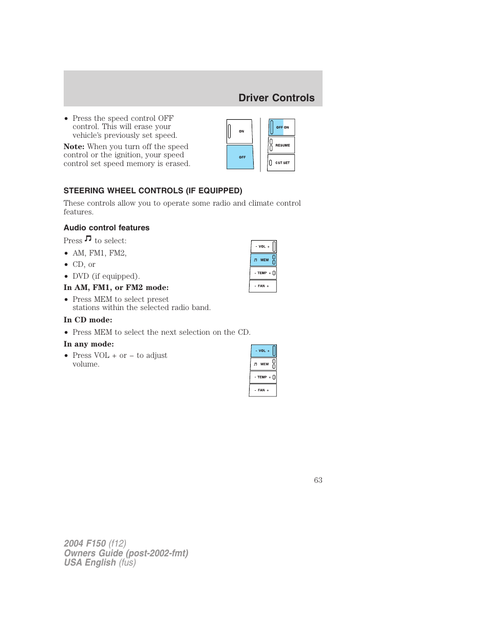 Driver controls | FORD 2004 F-150 v.3 User Manual | Page 63 / 304