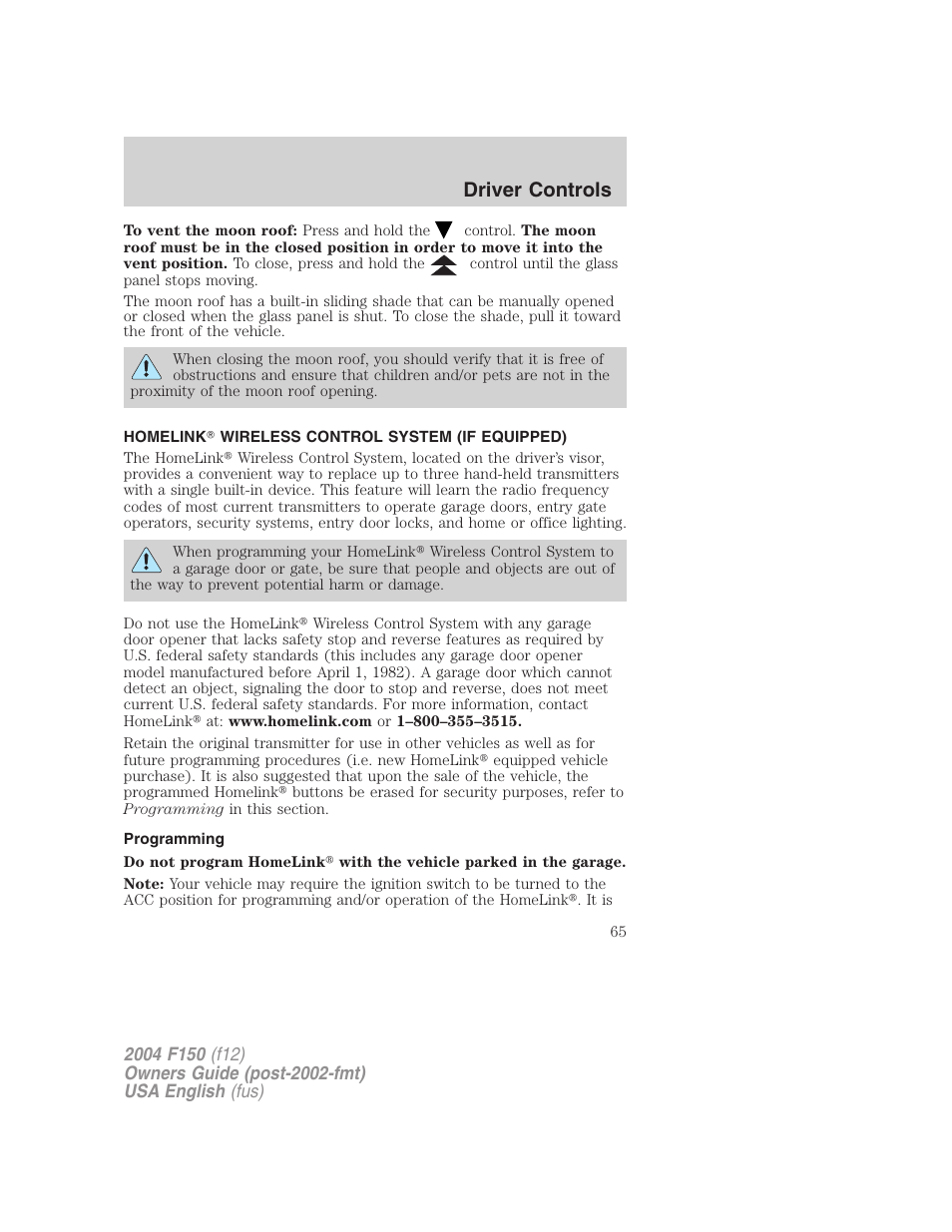 Driver controls | FORD 2004 F-150 v.3 User Manual | Page 65 / 304