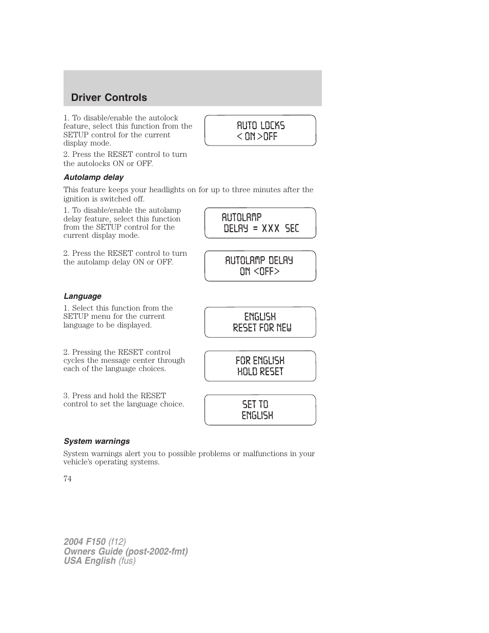 Driver controls | FORD 2004 F-150 v.3 User Manual | Page 74 / 304