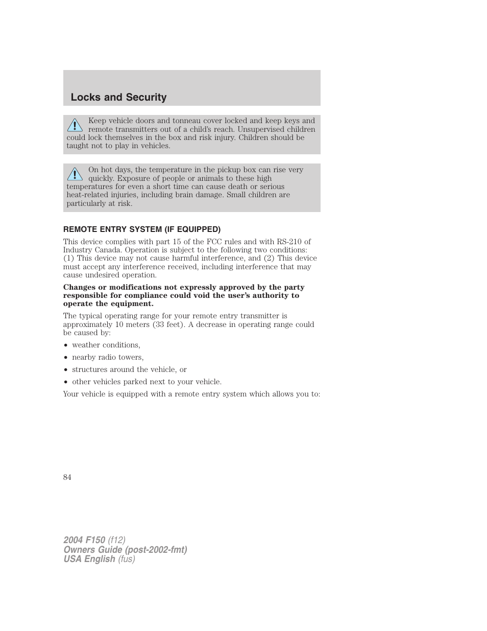 Locks and security | FORD 2004 F-150 v.3 User Manual | Page 84 / 304