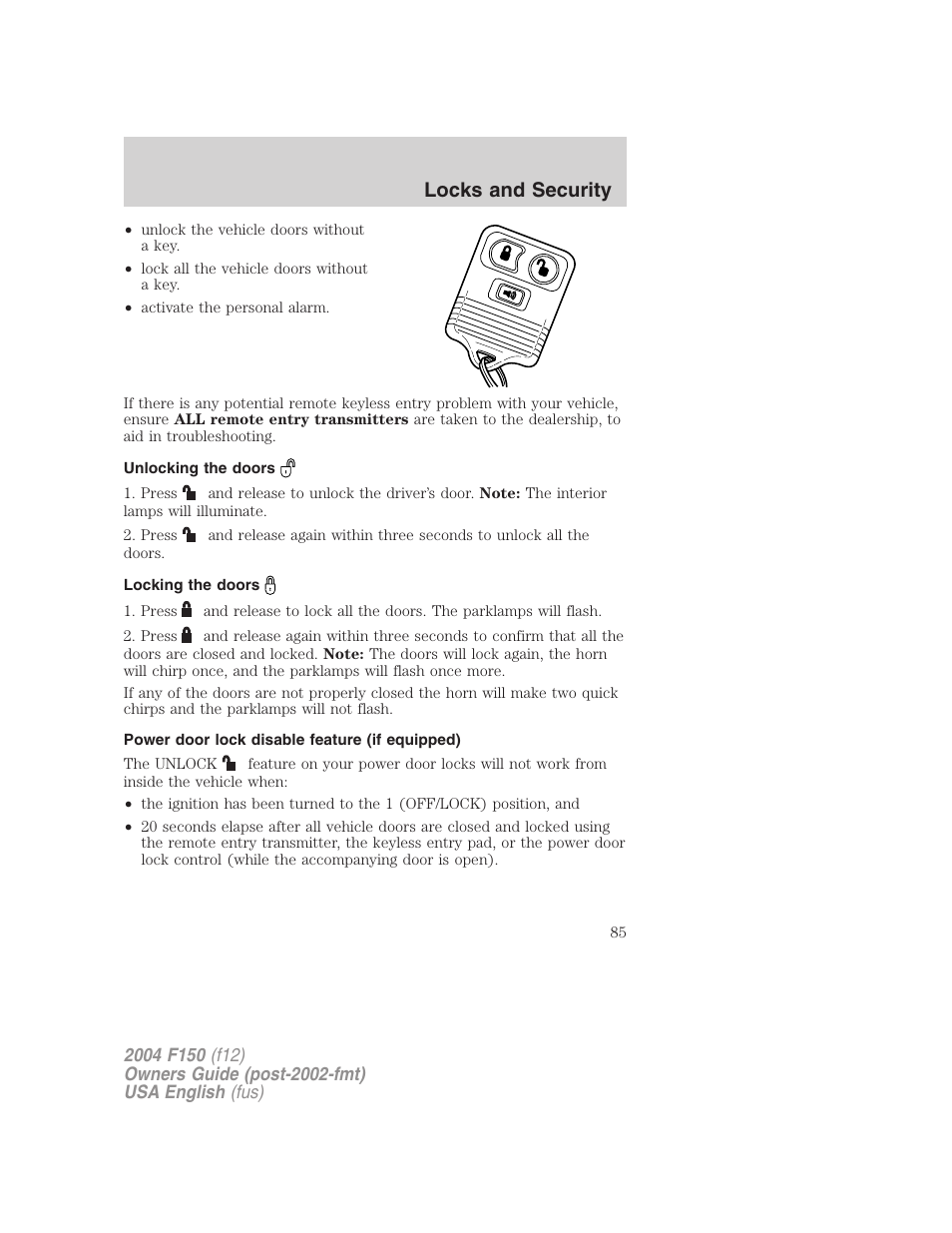 Locks and security | FORD 2004 F-150 v.3 User Manual | Page 85 / 304